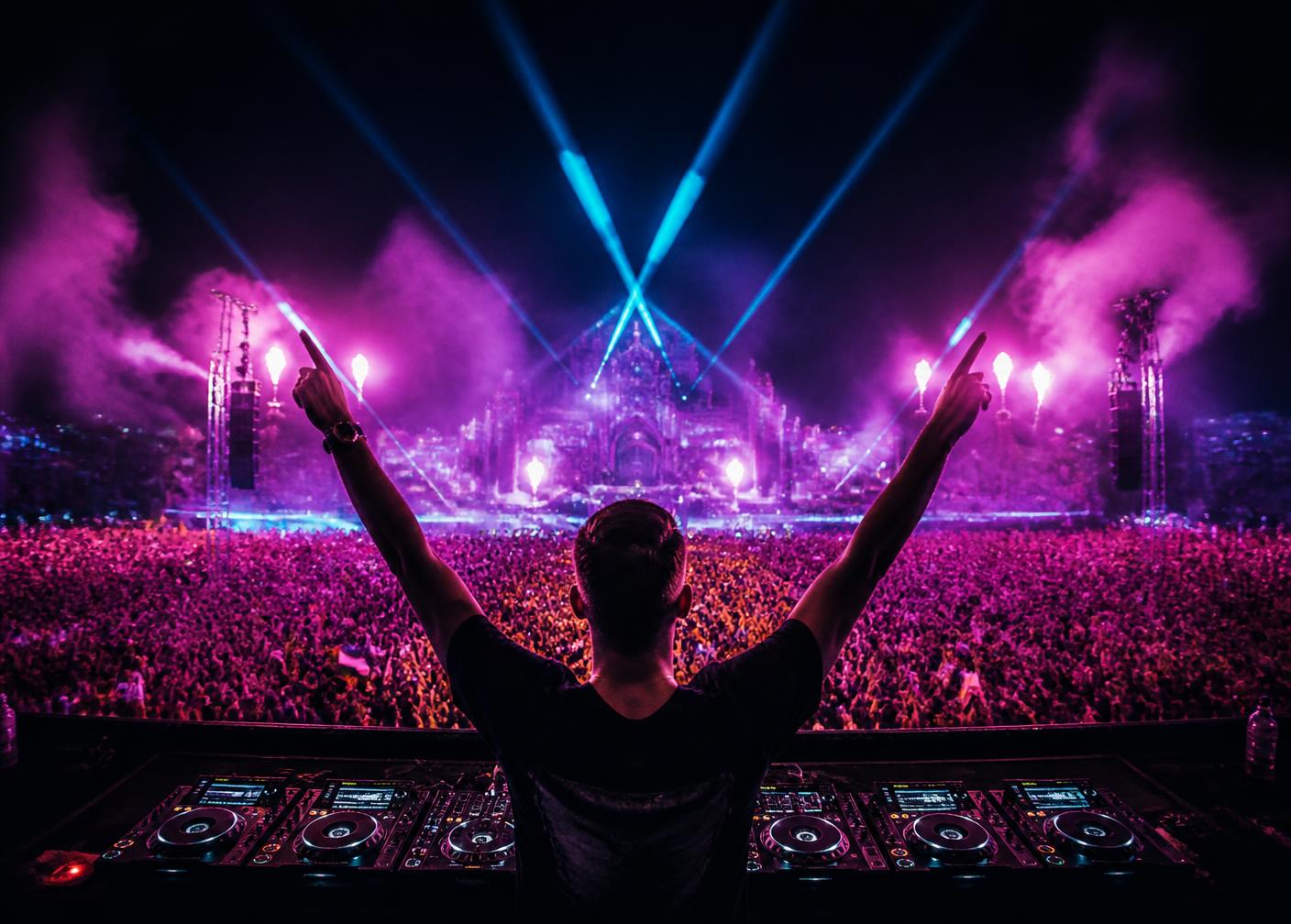 DJ KB performing on a festival main stage with lasers and pyro