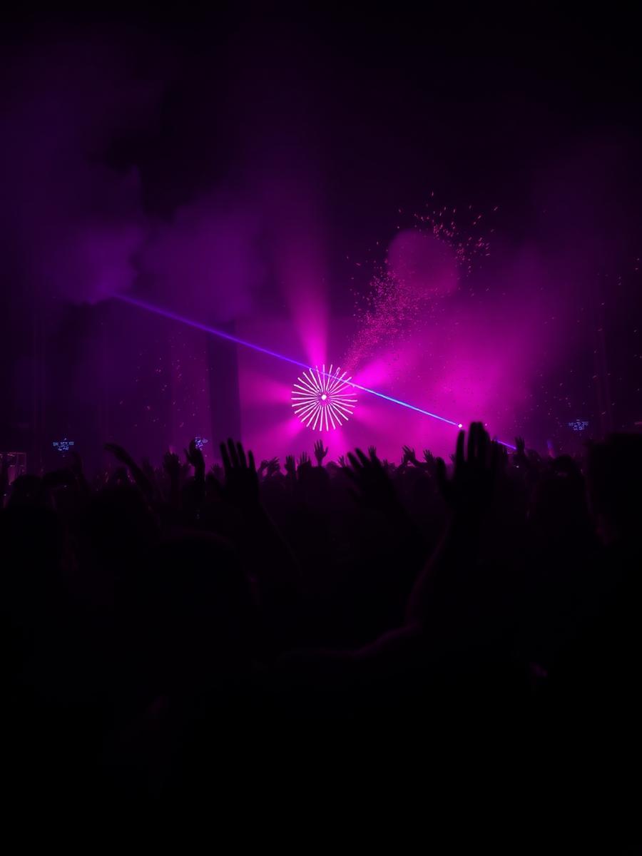 Crowd with hands raised in purple smoke and lasers