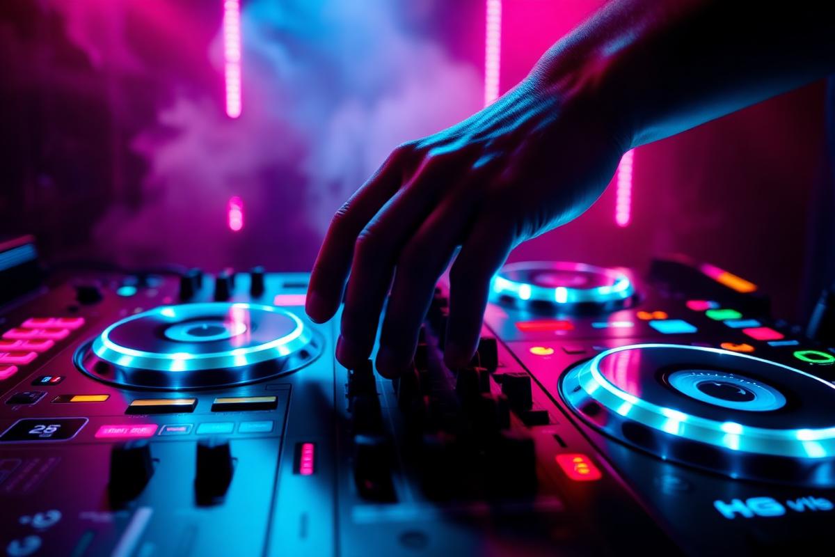 DJ hands on a neon-lit CDJ mixer