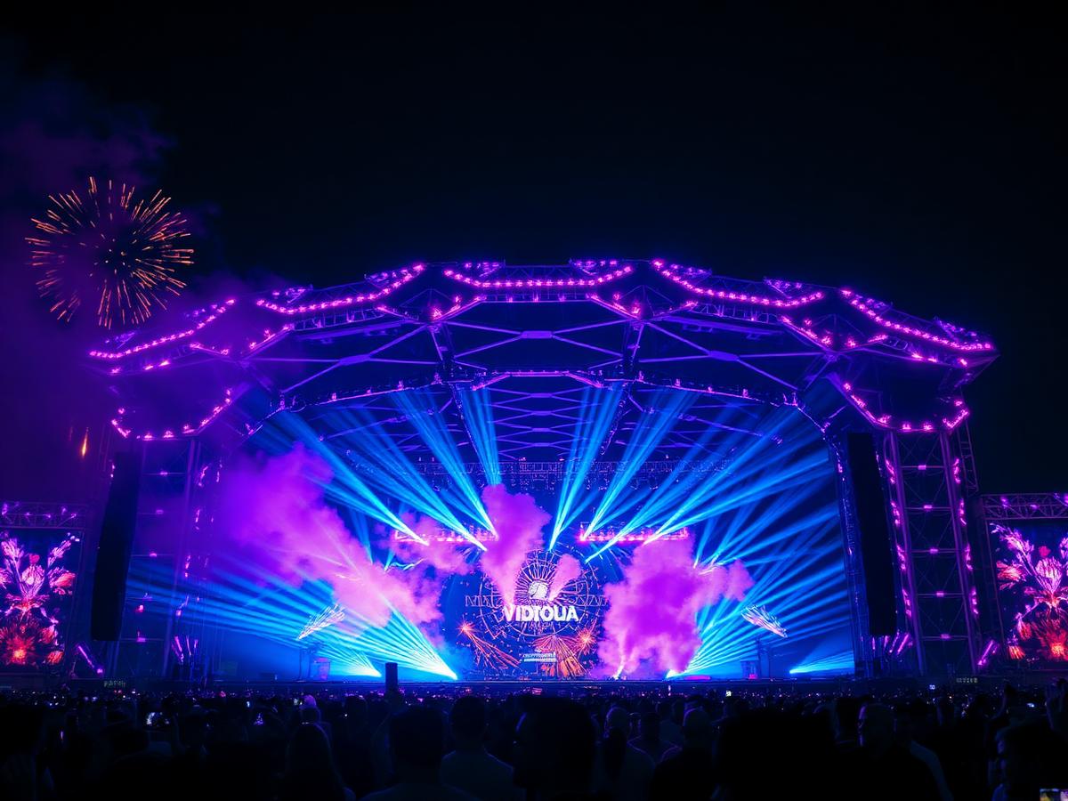 Futuristic festival main stage with cyan lasers