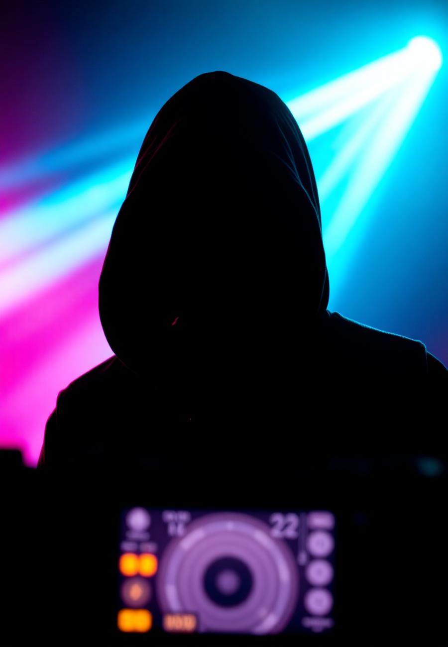 Hooded DJ silhouette against cyan strobes