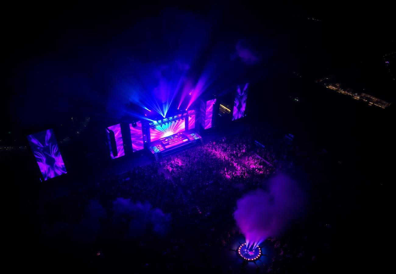 Aerial view of a night festival stage